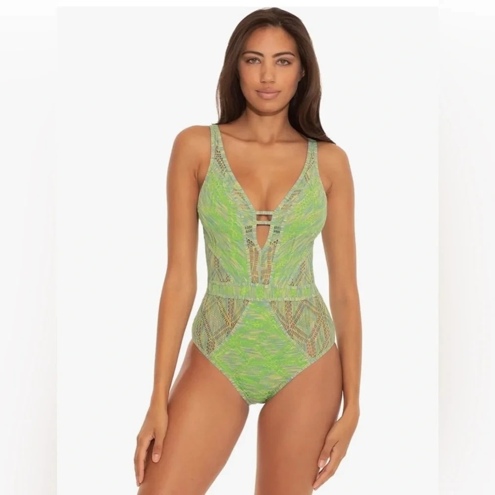 BECCA by Rebecca Virtue Mosaic Crochet Plunge One-Piece Women's Green - Large